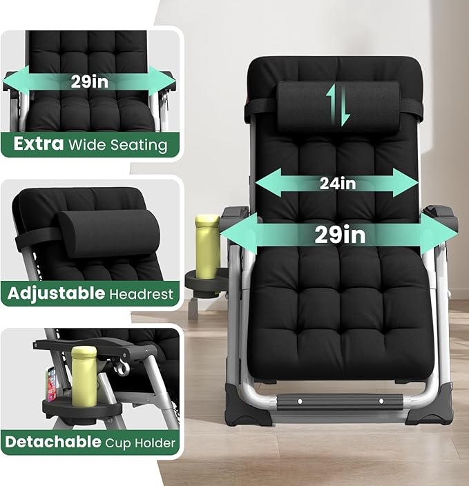 Oversized Zero Gravity Chair XL, 29In Padded Lounge Recliner Camping Chair with Removable Cushion, Adjustable Headrest - Photo 2