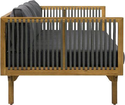 Merax Acacia Wood Outdoor Patio Loveseat Sofa w/Coushion and & Light Brown Rope, 3-Seater Sofa Daybed for Backyard, Lawn, Deck, Balcony, Water Repellent Fabric, 600 lbs Capacity,Teak + Gray