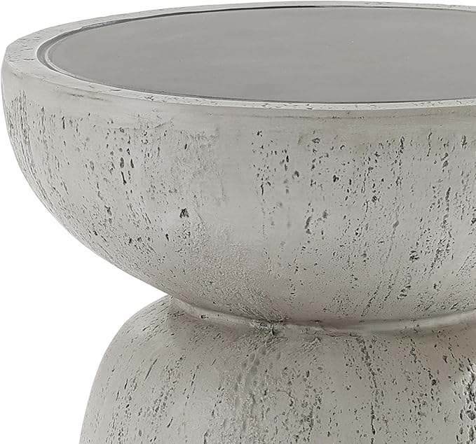 LuxenHome Rustic Outdoor Side Table, 20 Inch Concrete End Tables for Patio, Off White and Gray Weathered Round Table - Photo 6