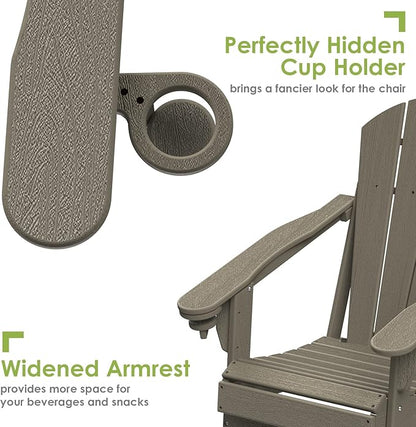 GREENVINES Folding-Adirondack-Chair | Wood Grain | HDPE Plastic | Fire Pit Chairs | All Weather | Cup Holder | Desert Brown | for Deck Backyard Patio Outdoor