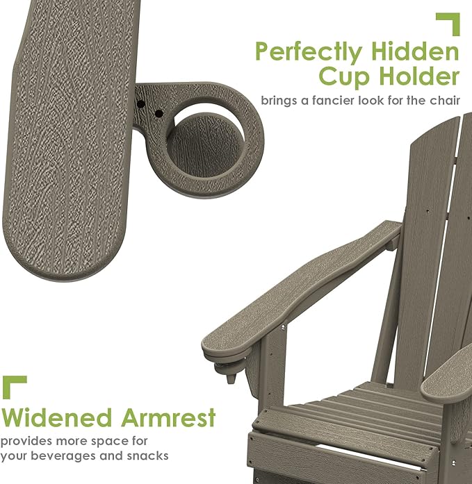 GREENVINES Folding-Adirondack-Chair-Set-of-4 | Wood Grain | HDPE Plastic | Fire Pit Chairs | All Weather | Cup Holder - Photo 5