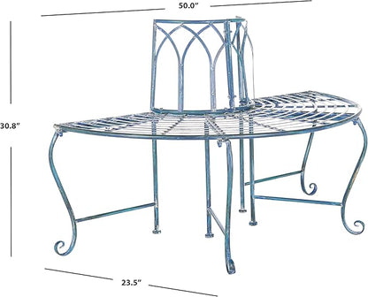 SAFAVIEH Outdoor Furniture Collection – Abia Antique Blue Distressed Wrought Iron 50-Inch Curved Tree Bench, Garden & Patio Seating (PAT5018C)