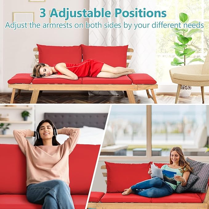 DORTALA Patio Convertible Couch Sofa Bed, Acacia Wood Daybed w/Adjustable Armrest, Collapsible Chaise Lounge w/Cushions & Pillows, Outdoor Loveseat for Poolside, Courtyard (Red)