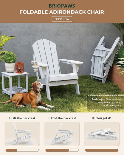 BRIOPAWS Folding-Adirondack-Chairs Set of 6 | HDPE | Fire Pit Chair | Cup Holder | Weather Resistance | White | for Outdoor Backyard Deck Patio