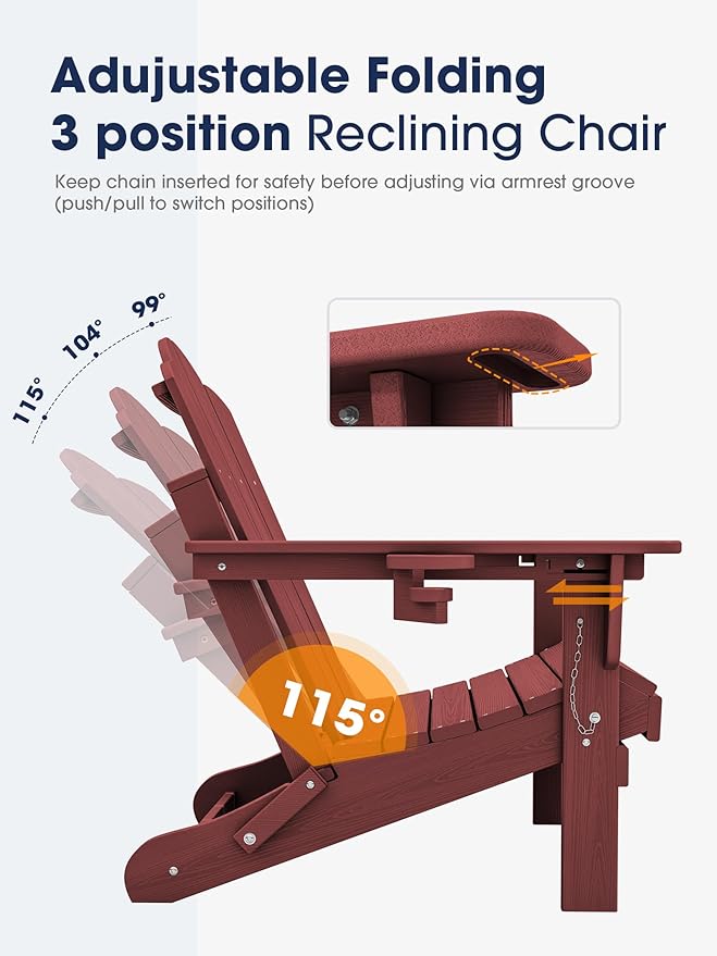 KINGYES Adjustable Folding Adirondack Chair, 3-Position Reclining Adirondack Chairs with Cup Holder - Photo 4