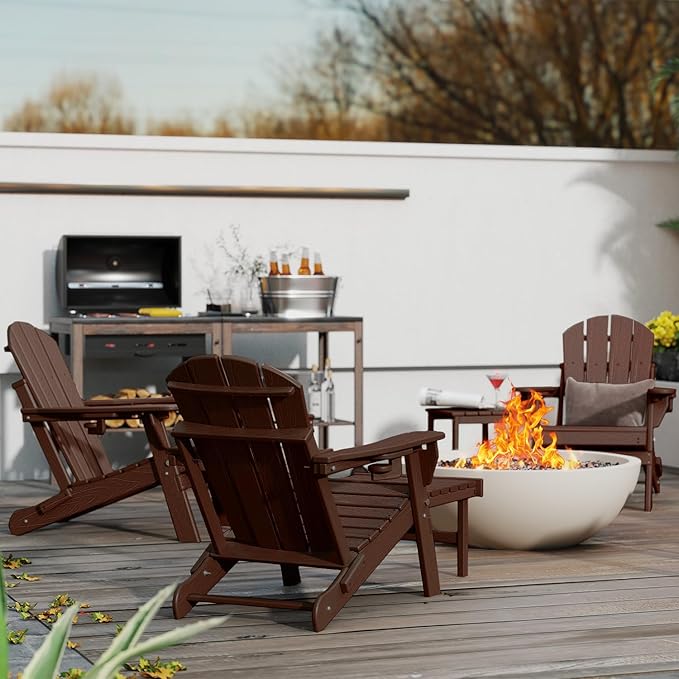 GREENVINES Adjustable Adirondack Chair with Retractable Ottoman Set of 4 | Folding | 2 Cup Holders | Wood Grain HDPE Plastic | Fire Pit Chairs w/Foot Rest | Dark Brown | for Outdoor Patio Poolside