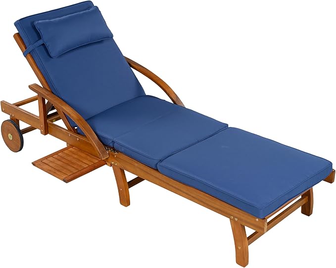 LUMISOL Acacia Wood Chaise Lounge Chair Set of 2, Patio Outdoor Chaise Lounge with Cushions, Adjustable Backrest, Leg Rest, Headrest, Retractable Side Tray for Patio, Pool, Garden, Navy Blue