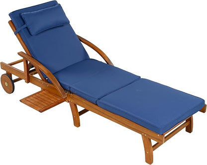 LUMISOL Acacia Wood Chaise Lounge Chair Set of 2, Patio Outdoor Chaise Lounge with Cushions, Adjustable Backrest, Leg Rest, Headrest, Retractable Side Tray for Patio, Pool, Garden, Navy Blue