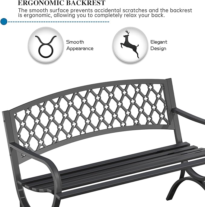 On Shine 50'' Patio Garden Bench, Loveseats Patio Park Bench, Black Steel Cast Iron Frame Bench - Photo 6
