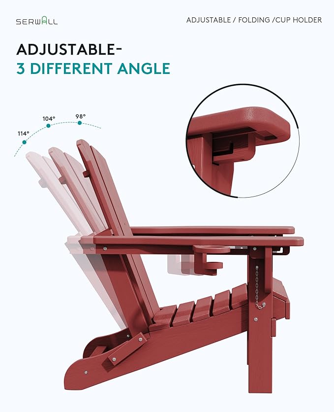 SERWALL Folding Adirondack Chair Set of 6, Adjustable Adirondack Chair with 3 Recline Positions, All Weather HDPE Outdoor Adirondack with Cup Holders, Red