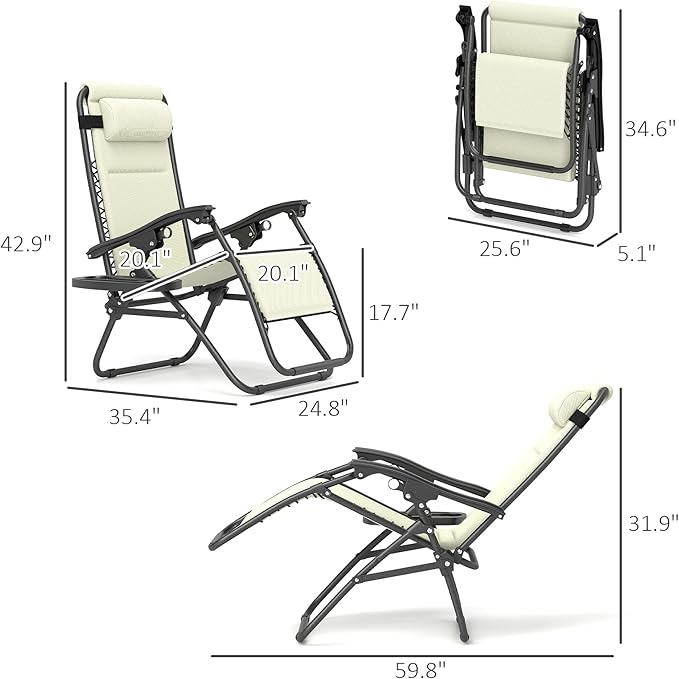 Outsunny Zero Gravity Chairs Set of 2, Reclining Folding Zero Gravity Lounge Chair, Outdoor Lounge Chairs with Cushion, Headrest, and Cup Phone Holder Tray for Patio, Beach, Cream White