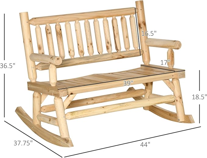 2 Person Wood Rocking Chair with Log Design, Heavy Duty Loveseat with Wide Curved Seats for Patio, Backyard, Garden, Natural