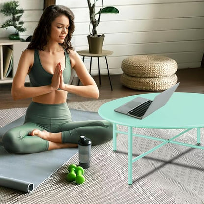 Patio Round Steel Patio Coffee Table, Weather Resistant Anti-Rust and Waterproof Indoor and Outdoor Large Side Table, for Garden Living Room Bedroom Balcony (Mint Green)
