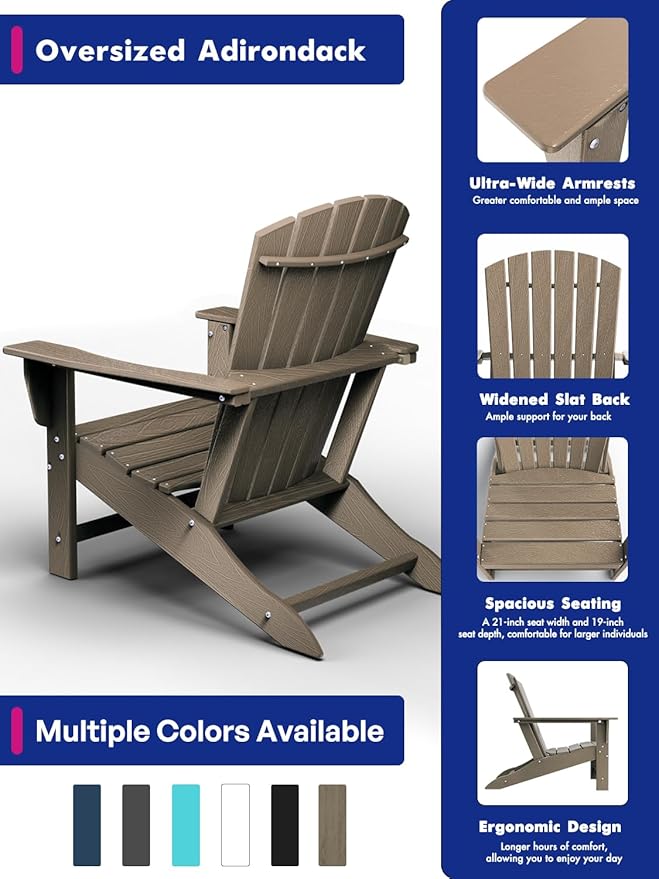BRIOPAWS Adirondack-Chairs-Set of 6 | Wood Grain | Fire Pit Chair | Oversized | HDPE Plastic | Weather Resistant | for Deck Outdoor Poolside Campfire
