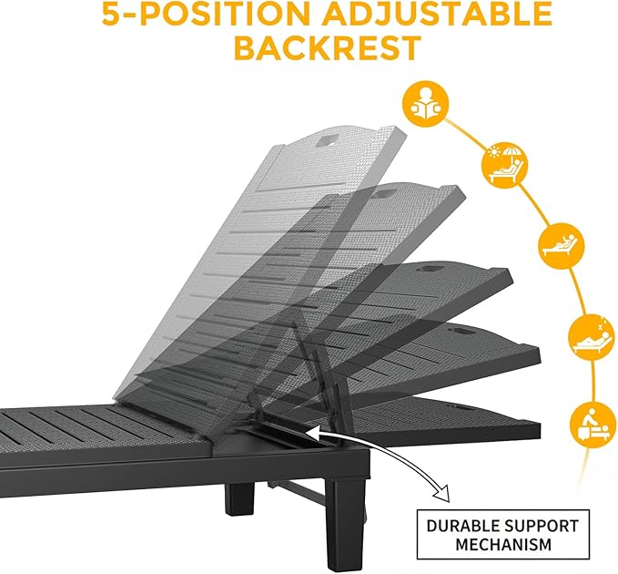 2PCS Outdoor Lounge Chairs 5 Position Adjustable, Pool Chairs, Sun Lounger, Patio Chaise Lounges PP Black, 74.06x11.02x34.65in