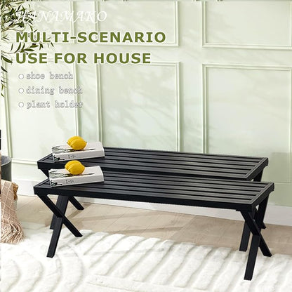 Outdoor Metal Backless Bench Set of 2, Weatherproof Patio Bench with Slatted Seat, X-Shaped Legs, All-Weather Garden Bench for Porch, Patio, Lawn and Backyard, Black