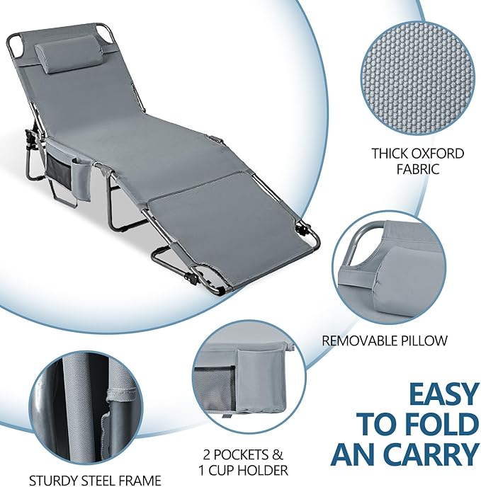Tanning Chair with Face Hole, Adjustable Folding Chaise Lounge Chairs for Outside with Detachable Pillow & - Photo 3