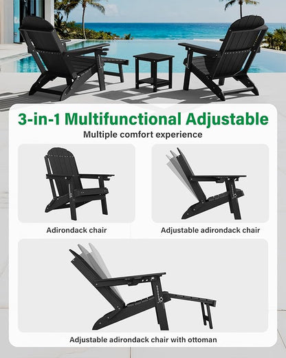 YEFU Adirondack Chair with Retractable Ottoman: Adjustable Folding Adirondack Chairs with Cup Holder - Sturdy HDPE Plastic Fire Pit Chairs Set of 8 - All Weather for Outdoor/Patio/Pool/Deck(Black)
