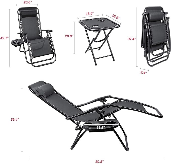 Homall 3 Pcs Zero Gravity Chair Patio Folding Recliner Outdoor Chaise Lounge Chairs Portable Reclining Chair Set with - Photo 7