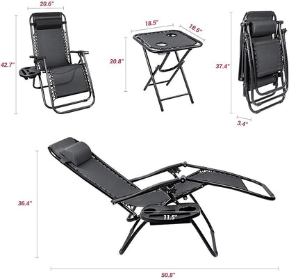 Homall 3 Pcs Zero Gravity Chair Patio Folding Recliner Outdoor Chaise Lounge Chairs Portable Reclining Chair Set with Side Table (Black)