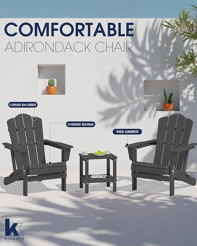 KINGYES Folding Adirondack Chair Set of 8, HDPE All-Weather Folding Adirondack Chair, Grey - Photo 4