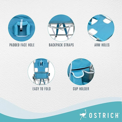 Ostrich Deluxe 3N1 Padded Beach Chair w/Face Cushion & Arm Holes, Light Blue - Lightweight Folding Recliner w/Adjustable Backrest & Footrest, Cup Holder, Side Utility Bag, 275 lb Weight Capacity