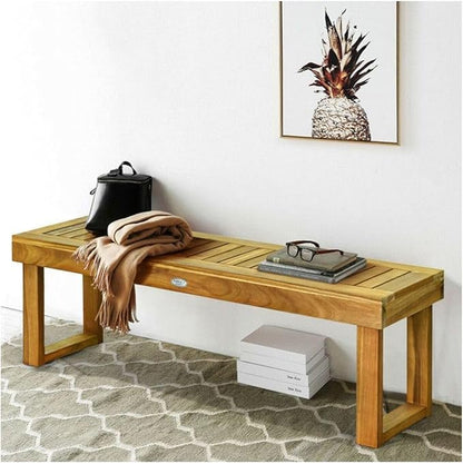 Acacia Wood Dining Bench 52 Inch, Teak Outdoor Bench with Slatted Seat, Patio Furniture, Backyard Garden Bench, 700 lbs Capacity
