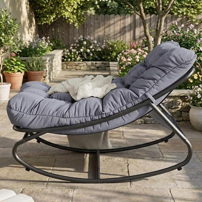 Outdoor Papasan Rocking Chair, Oversized Metal Frame Egg Rocker with Thick Waterproof Cushion, 450 lbs - Photo 7