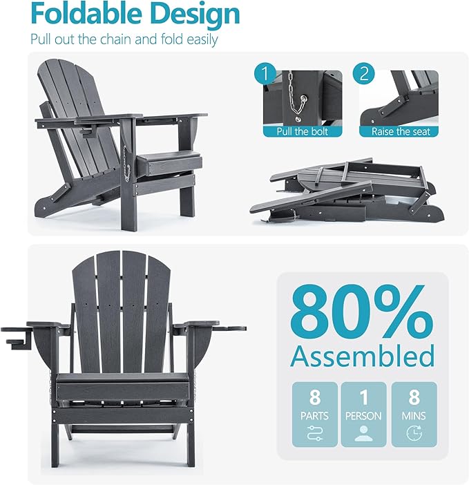 Folding Outdoor Adirondack Chairs Set of 1 with HDPE Side Tables-Plastic Weather Resistant Patio Chairs with Small Outdoor Side Tables 2 Storage for Patio,Fire Pit, Garden and Backyard