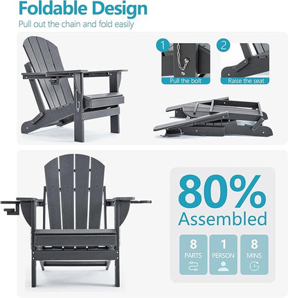 Folding Outdoor Adirondack Chairs Set of 2 with HDPE Side Tables-Plastic Weather Resistant Patio Chairs with Small Outdoor Side Tables 2 Storage for Patio,Fire Pit, Garden and Backyard