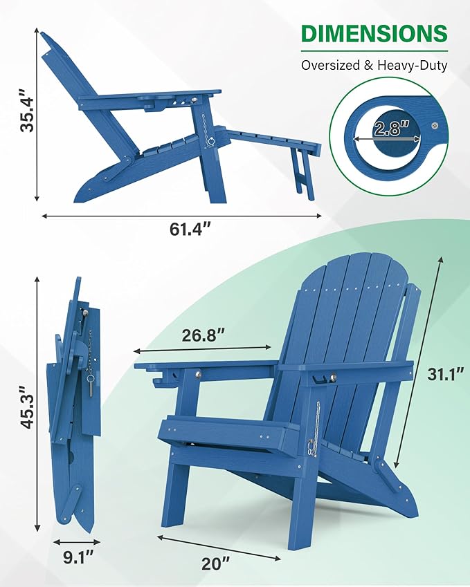 YEFU Folding Adirondack Chair with Footrest: Adjustable Adirondack Chairs with Retractable Ottoman - Sturdy HDEP Plastic with Cup Holder - All Weather for Outdoor/Patio/Fire Pit/Outside/Pool(Blue)