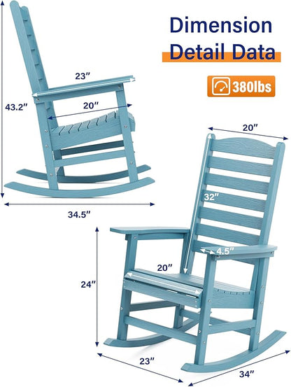YEFU Outdoor Rocking Chair Set of 4,Poly Porch Rocker with Curved Backrest,All Weather Patio Rocking Chair,Like Real Wood,for Indoor,Lawn, Backyard,Garden,Heavy Duty,Weight Capacity 380lbs(Blue)