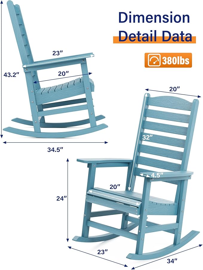 YEFU Outdoor Rocking Chair Set of 2,Poly Porch Rocker with Curved Backrest,All Weather Patio Rocking Chair,Like Real Wood,for Indoor,Lawn, Backyard,Garden,Heavy Duty,Weight Capacity 380lbs(Blue)