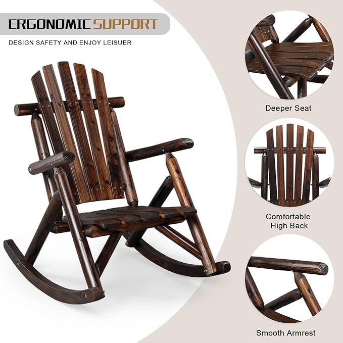 Outvita Wooden Rocking Chair Set of 2, Fir Log Adirondack Rocker, Outdoor Wood Accent Furniture Lounge Chairs for Garden Patio Backyard Porch (Dark Brown)