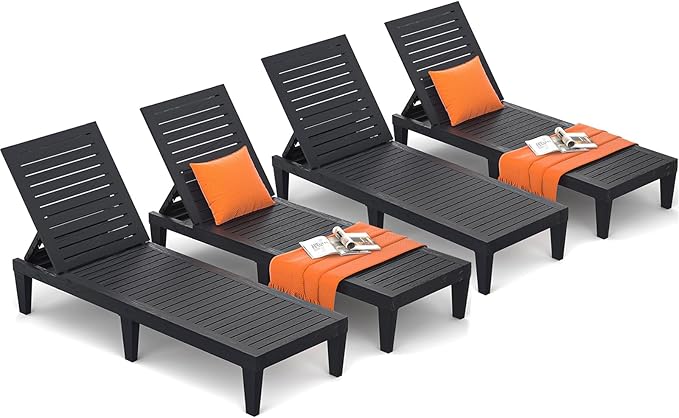 Outdoor Lounge Chairs Set of 4 for Poolside Patio, Weather-Resistant Pool Chaise Lounge with Adjustable Backrest, Resin Tanning Chair Sun Lounger for Outside Deck, Beach, Sunbathing, Black