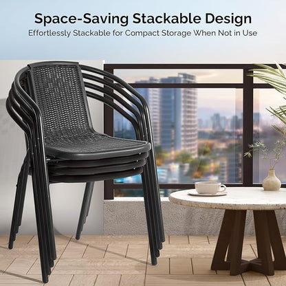 VINGLI PE Rattan Outdoor Dining Chairs Set of 2, Plastic Stackable Patio Chairs for Indoor, Porch, Restaurant, Garden, Black