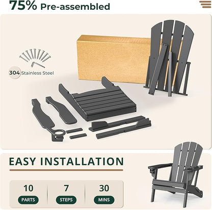 BRIOPAWS Folding-Adirondack-Chairs Set of 2 | HDPE Plastic | Fire Pit Chair | Cup Holder | Curved Back | All Weather| for Outdoor Backyard Deck Patio | Grey