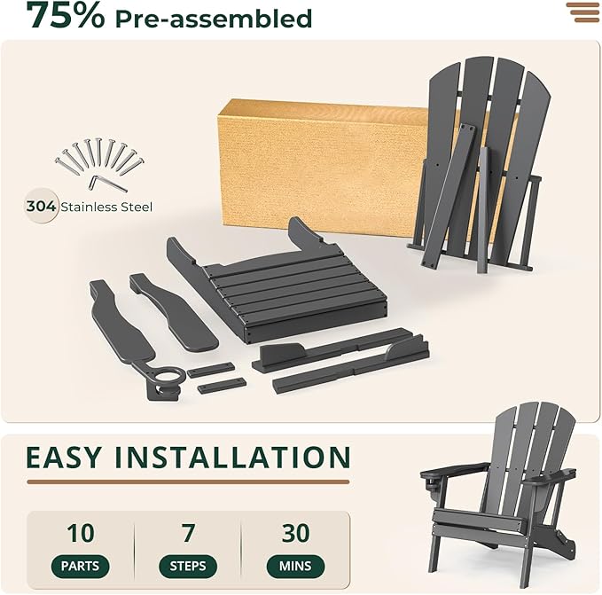 BRIOPAWS Folding-Adirondack-Chair | HDPE Plastic | Fire Pit Chairs | Cup Holder | Curved Back | All Weather | for Outdoor Backyard Deck Patio | Grey