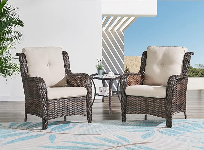 HUMMUH 3 Pieces Patio Bistro Set Wicker Patio Chairs Set of 2 with Tempered Glass Top Side Table Rattan Outdoor Furniture Conversation Set for Yard,Garden,Porch
