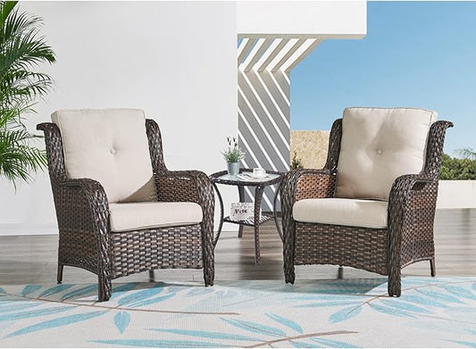 HUMMUH 3 Pieces Patio Bistro Set Wicker Patio Chairs Set of 2 with Tempered Glass Top Side Table Rattan Outdoor Furniture Conversation Set for Yard,Garden,Porch