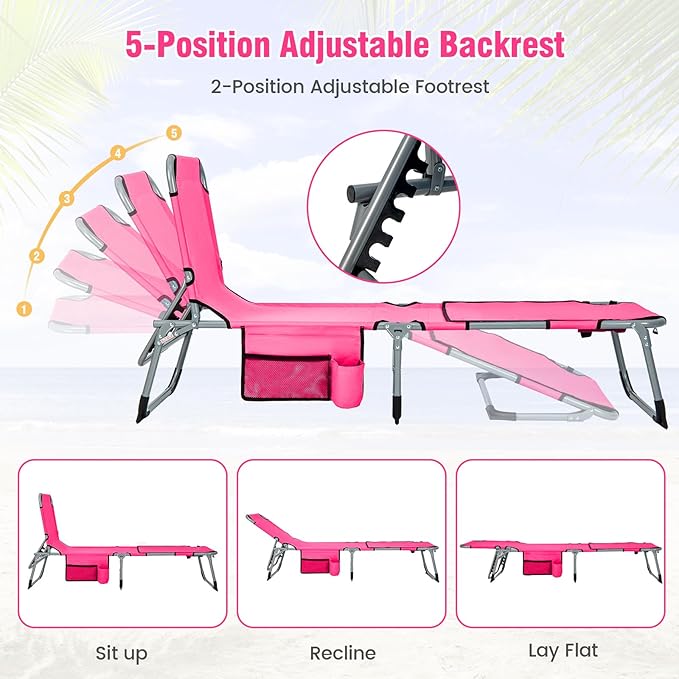 Giantex Set of 2 Tanning Chair with 5 Adjustable Positions, Face & Arm Hole, Hand/Shoulder Strap, Removable Pillow, Side Pocket, Load 330 Lbs, Patio Lounge Chair for Outdoor Beach Sunbathing, Pink