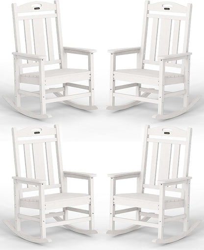 Ciokea Oversized Outdoor Rocking Chairs Set of 4, 380lbs Heavy-Duty Large Patio Rocker, High Back Cozy Porch Chairs, Weather Resistant Patio Rocking Chairs for Outside, Fire Pit, Deck, White