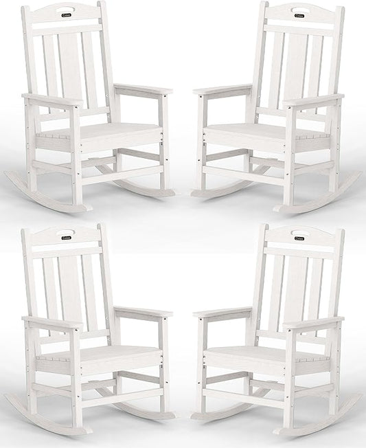 Ciokea Oversized Outdoor Rocking Chairs Set of 4, 380lbs Heavy-Duty Large Patio Rocker, High Back Cozy Porch Chairs, Weather Resistant Patio Rocking Chairs for Outside, Fire Pit, Deck, White