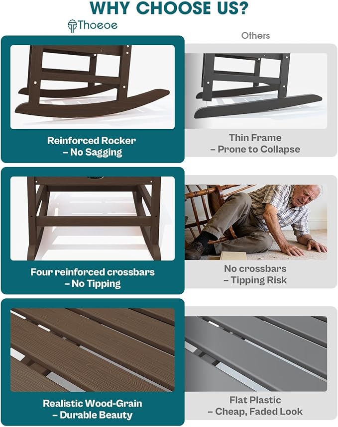 Oversized Rocking Chair Set of 2, Outdoor Rocking Chair for Adults, All Weather Resistant Porch Rocker for Lawn Garden, Brown