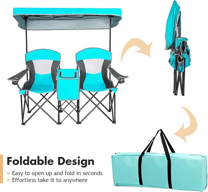 S AFSTAR Double Camping Chair w/Shade Canopy, 2-Person Folding Camp and Beach Chair with Mini Table Beverage Cup Holder Carrying Bag, Collapsible Camping Chairs for Garden Patio Pool Beach