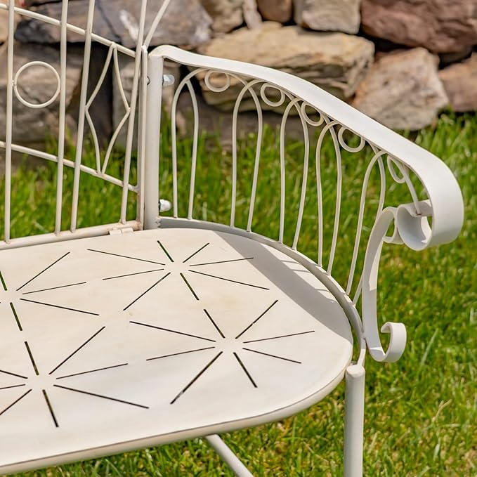 Zaer Ltd. Vintage Style Metal Patio Furniture with Heart Design Accents, Outdoor/Indoor Decor (Distressed White, Garden Bench)