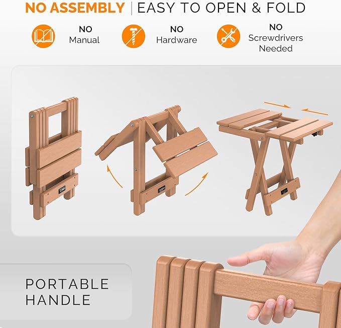 VINGLI Small HDPE Folding Side Table, Plastic Waterproof Portable Adirondack Coffee End Tables, All Weather for Patio, Backyard, Pool, Indoor Use, Slats Style, Teak