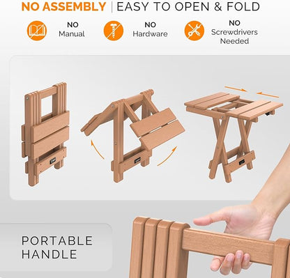 VINGLI Small HDPE Folding Side Table, Plastic Waterproof Portable Adirondack Coffee End Tables, All Weather for Patio, Backyard, Pool, Indoor Use, Slats Style, Teak