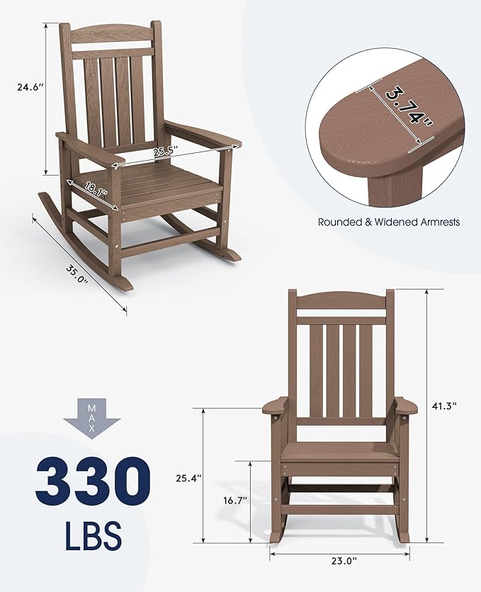 KINGYES Outdoor Rocking Chair Set of 2, HDPE Patio Rocking Chairs with 330lbs Support for Adults, Brown