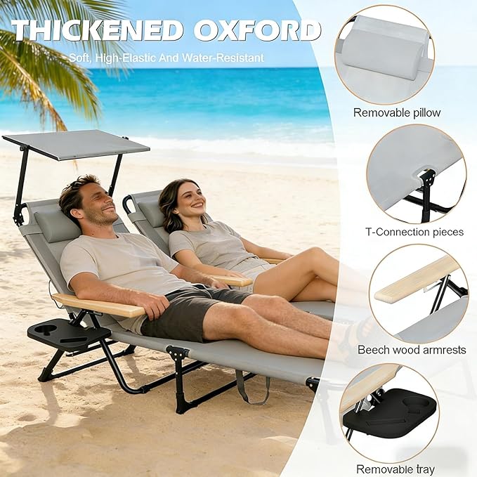 Folding Outdoor Chaise Lounge Chair with 360°Shade, 4 Position Portable Sun Tanning Chair with Headrest, Foldable Beach Lounge Chair with Cup Holders & Wooden Armrests for Patio Pool Lawn (Grey-B)